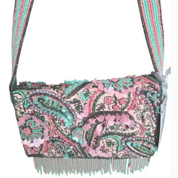 Viral Tik Tok Beaded Hand Made in India  Floral Paisley Fringe Purse Bag NWT - Picture 4 of 7
